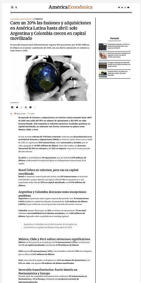 Caen un 20% las fusiones y adquisiciones en Amrica Latina hasta abril: solo Argentina y Colombia crecen en capital movilizado